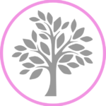 logo with little grey tree inside pink circle
