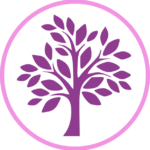 logo with little purple tree inside pink circle