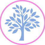 logo with small blue tree inside pink circles