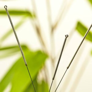 acupuncture needles on background of bamboo leaves.